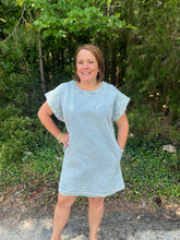 Load image into Gallery viewer, D23346 Solid denim round neck short sleeve mini dress featuring pearl detail at cuff.