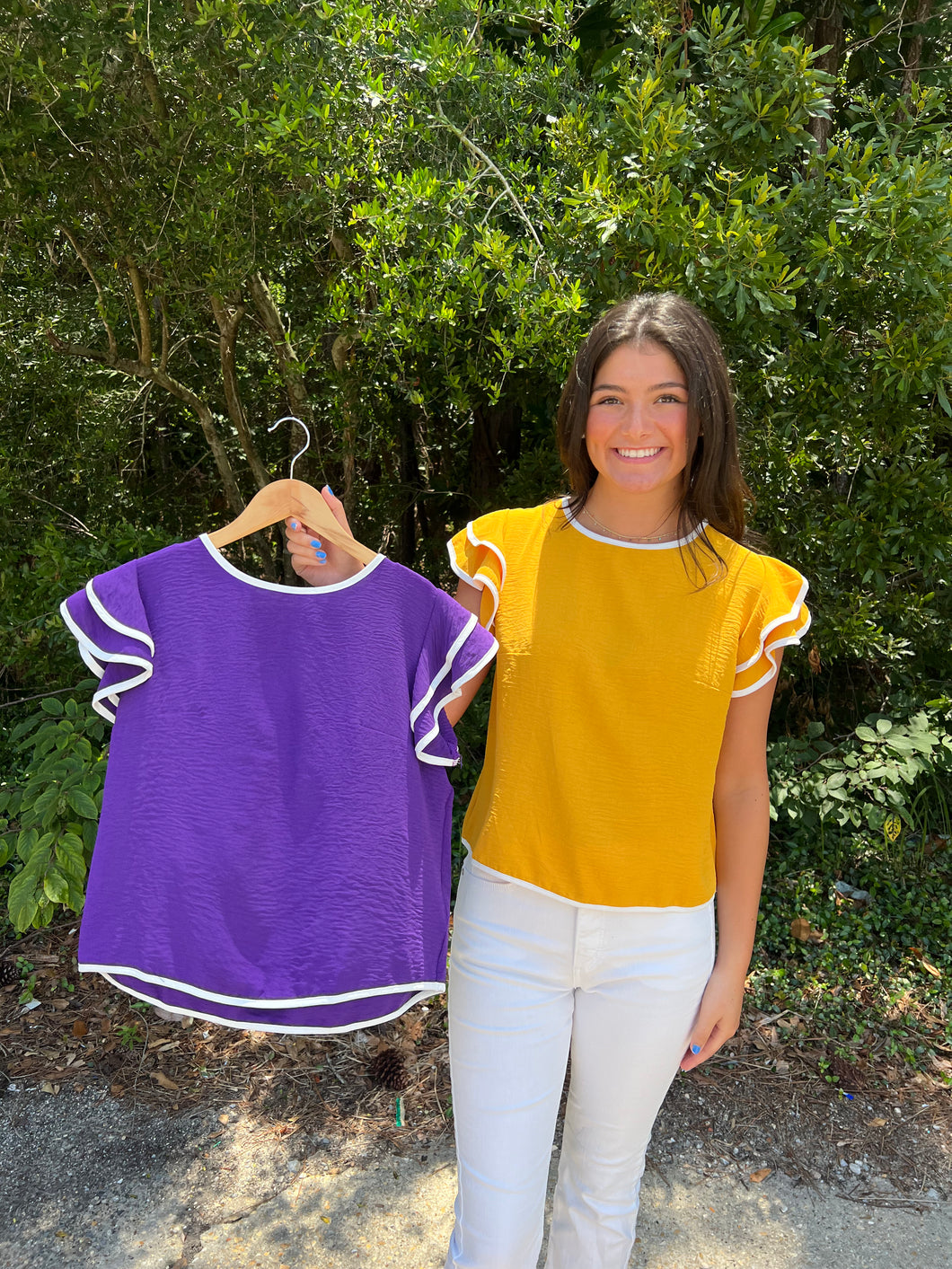 SY6057 Game Day Ruffle Sleeve Contrast Piping Top