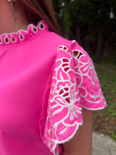 Load image into Gallery viewer, B40147 Ruffle Sleeve Top Featuring Embroidered Details on Sleeve
