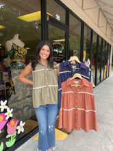 Load image into Gallery viewer, SY7057 Sleeveless woven tiered button down shirt with ric rac trim