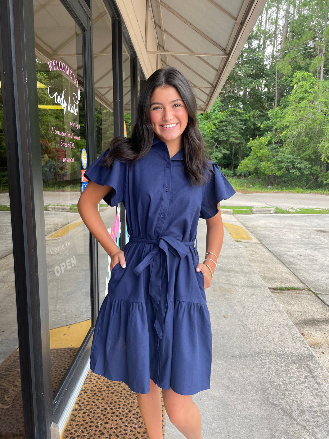 SY6956 Flutter Sleeve Button Down Woven Dress with Side Pockets