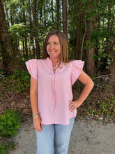 Load image into Gallery viewer, Ruffle Sleeve Woven Striped Top