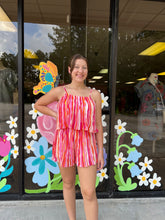 Load image into Gallery viewer, SY6658 Thin Strap Woven Print Pleated Romper in Pink Combo