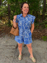 Load image into Gallery viewer, Ruffle sleeves button down Geo print romper with drawstring waist.