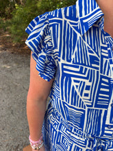 Load image into Gallery viewer, Ruffle sleeves button down Geo print romper with drawstring waist.