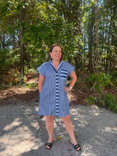 Load image into Gallery viewer, Stripe print short sleeve mini dress featuring button closure at front and contrast stripe pocket detail.