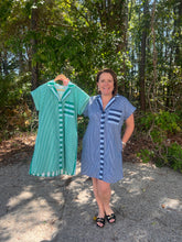 Load image into Gallery viewer, Stripe print short sleeve mini dress featuring button closure at front and contrast stripe pocket detail.