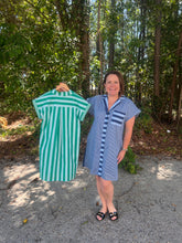 Load image into Gallery viewer, Stripe print short sleeve mini dress featuring button closure at front and contrast stripe pocket detail.