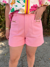 Load image into Gallery viewer, Solid high-waisted shorts featuring front patch pockets with gold horsebit detail.