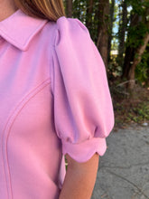 Load image into Gallery viewer, Solid puff sleeve mini dress featuring half zip closure at front.