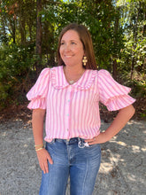 Load image into Gallery viewer, Short puff sleeves button down stripe top
