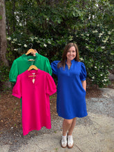 Load image into Gallery viewer, Short puff sleeves solid shift dress with standing neckline