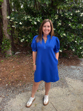 Load image into Gallery viewer, Short puff sleeves solid shift dress with standing neckline
