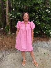 Load image into Gallery viewer, Solid short puff sleeve mini dress featuring pintuck front panel and button closure at front.