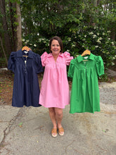 Load image into Gallery viewer, Solid short puff sleeve mini dress featuring pintuck front panel and button closure at front.