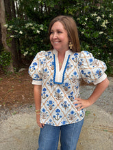Load image into Gallery viewer, Floral print short puff sleeve top featuring contrast stripe trim and scallop accent at neckline and cuffs.