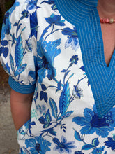 Load image into Gallery viewer, Floral print short puff sleeve pullover mini dress featuring stitch accent contrast band.