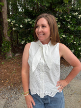 Load image into Gallery viewer, Solid sleeveless top featuring eyelet embroidery detail