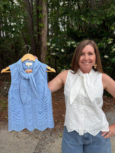 Load image into Gallery viewer, Solid sleeveless top featuring eyelet embroidery detail