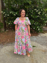 Load image into Gallery viewer, Floral print short puff sleeve midi dress featuring square neckline.