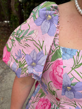 Load image into Gallery viewer, Floral print short puff sleeve midi dress featuring square neckline.