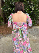 Load image into Gallery viewer, Floral print short puff sleeve midi dress featuring square neckline.