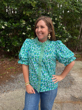 Load image into Gallery viewer, Leopard print puff sleeve top featuring ruffle trim band collar