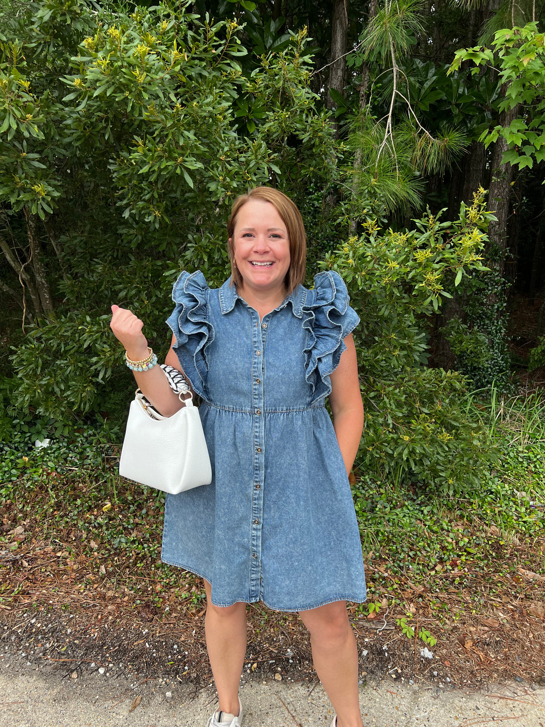 B10131 Denim Ruffle Sleeve Dress