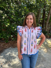 Load image into Gallery viewer, Layered ruffle sleeves button down floral top with scallop edge, solid contrast biding.