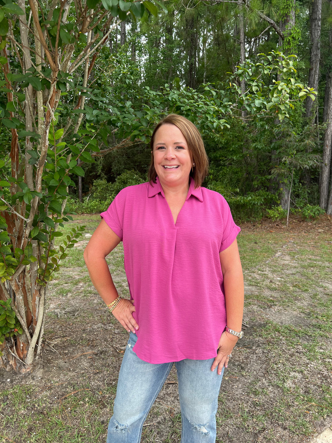 SY6489 Drop Shoulder Collared Woven Top