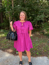 Load image into Gallery viewer, D24288 Solid bubble sleeve mini dress featuring ribbon detail