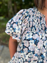 Load image into Gallery viewer, D24031 Floral print v-neck bubble sleeve mini dress featuring smock detail and self tie at neck.