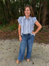 Load image into Gallery viewer, Polka dot flutter sleeve top featuring scallop trim detail