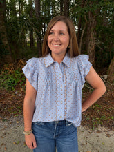 Load image into Gallery viewer, Polka dot flutter sleeve top featuring scallop trim detail