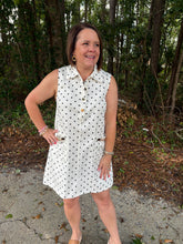 Load image into Gallery viewer, Polka Dot Collared Sleeveless Denim Mini Dress with Buckle Accents