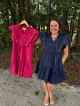 Load image into Gallery viewer, RUFFLE SLEEVE STITCH DETAIL MINI DRESS WITH POCKETS