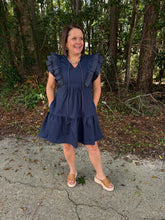Load image into Gallery viewer, RUFFLE SLEEVE STITCH DETAIL MINI DRESS WITH POCKETS