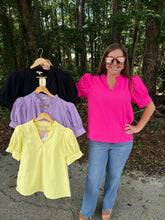 Load image into Gallery viewer, Puff shoulder short sleeves crinkle solid top with v-notched neck, ruffled neckline