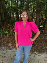 Load image into Gallery viewer, Puff shoulder short sleeves crinkle solid top with v-notched neck, ruffled neckline