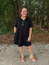 Load image into Gallery viewer, SHORT SLEEVE KNIT COLLARED SHIFT MINI DRESS WITH GOLD BUTTON AND POCKETS