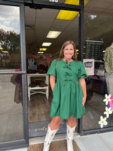 Load image into Gallery viewer, D24288 Solid bubble sleeve mini dress featuring ribbon detail