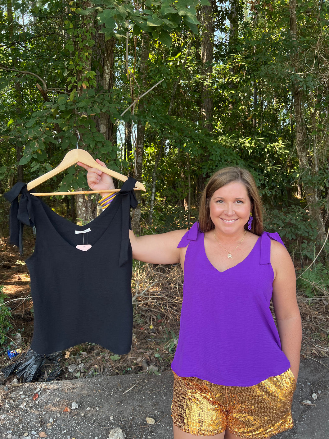 MN1807 V Neck Flowy Top with Self Tie Straps