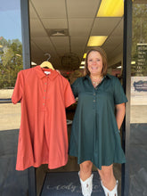Load image into Gallery viewer, D23830 Solid short sleeve collared mini dress featuring button detail at front.