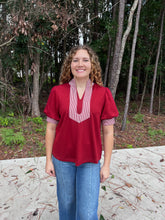 Load image into Gallery viewer, Short puff sleeves high neck solid top with stripe contrast accent