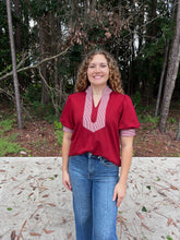 Load image into Gallery viewer, Short puff sleeves high neck solid top with stripe contrast accent