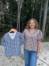 Load image into Gallery viewer, SHORT PUFF SLEEVE V-NECK WOVEN GINGHAM CHECKED TOP