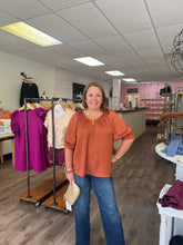 Load image into Gallery viewer, T24814 Solid satin v-neck half sleeve top featuring braided trim and cutout.