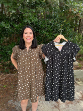 Load image into Gallery viewer, RUFFLE SLEEVE WOVEN POLKA DOT MINI DRESS WITH POCKETS