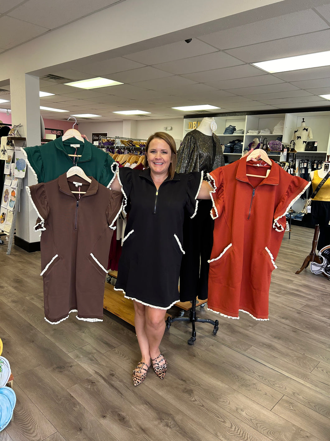 D24207 Solid half zip collared ruffle sleeve mini dress featuring contrasting trim