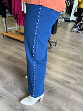 Load image into Gallery viewer, High waisted denim wide leg pants featuring pearl details at side